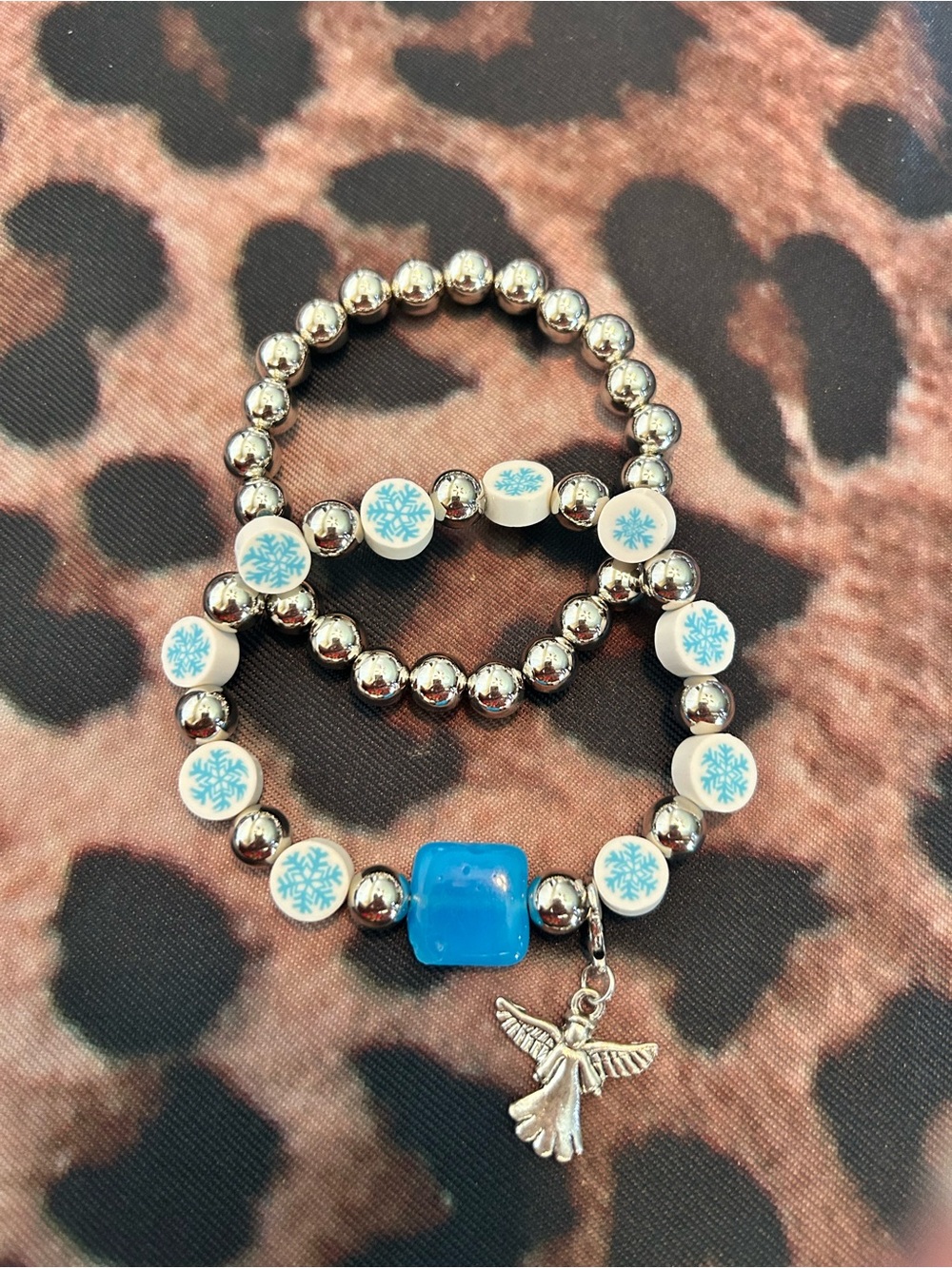Hand Crafted Silver and Blue Snowflake Charm Bracelet Set